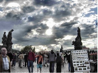 crowd in a city square on a cloudy day